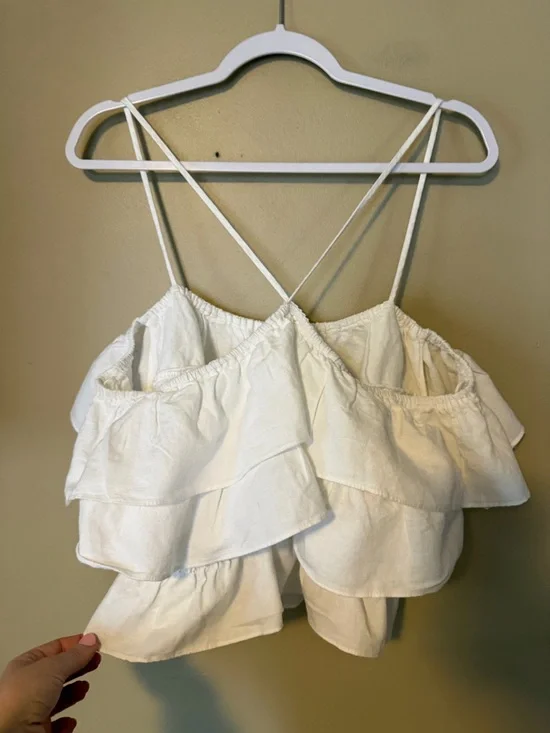 Zara Linen White Tiered Ruffle Spaghetti Strap Top - Picture 3 of 6